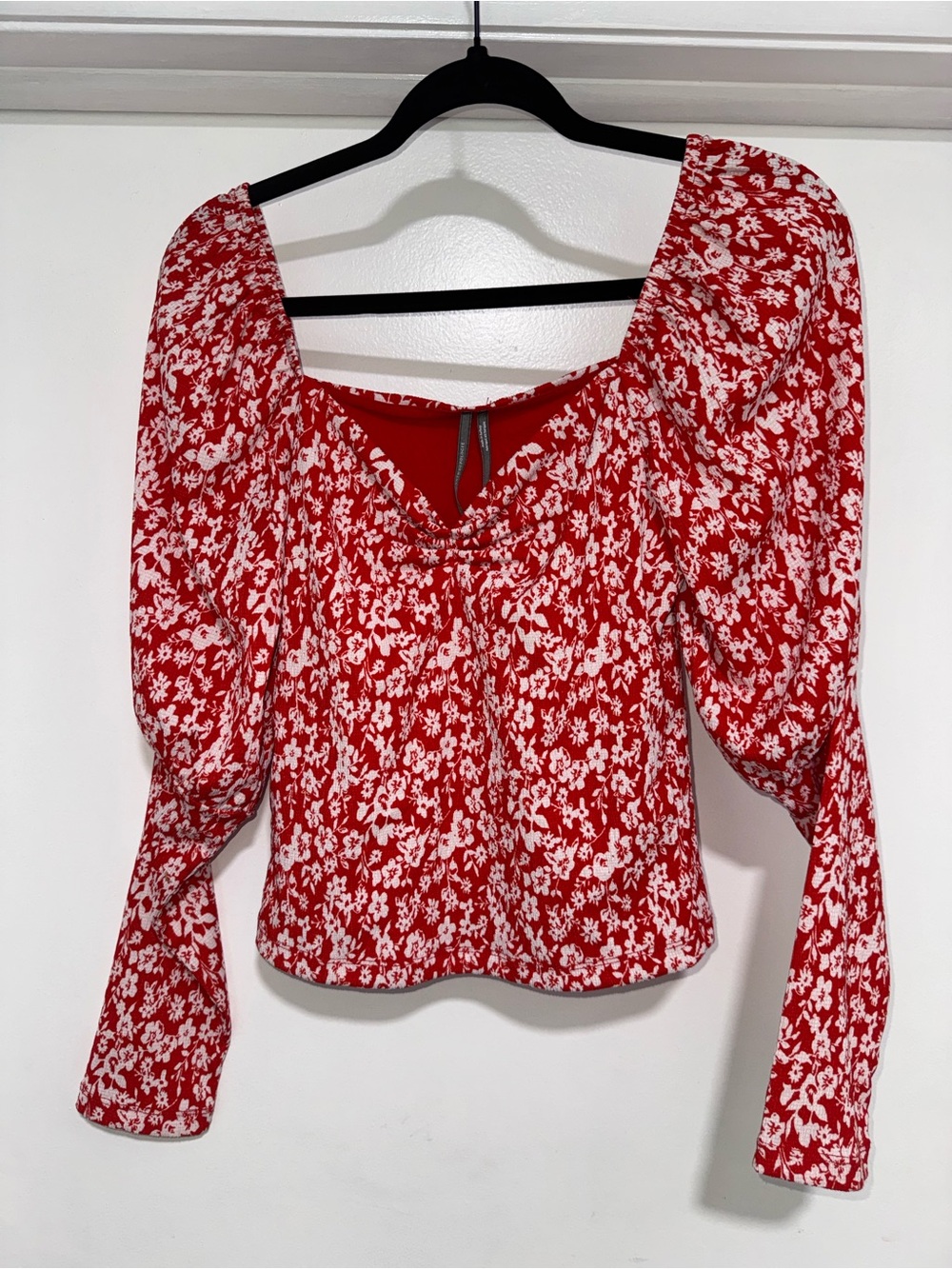 Anthropologie Red White Floral Square-Neck Puff Sleeve Blouse